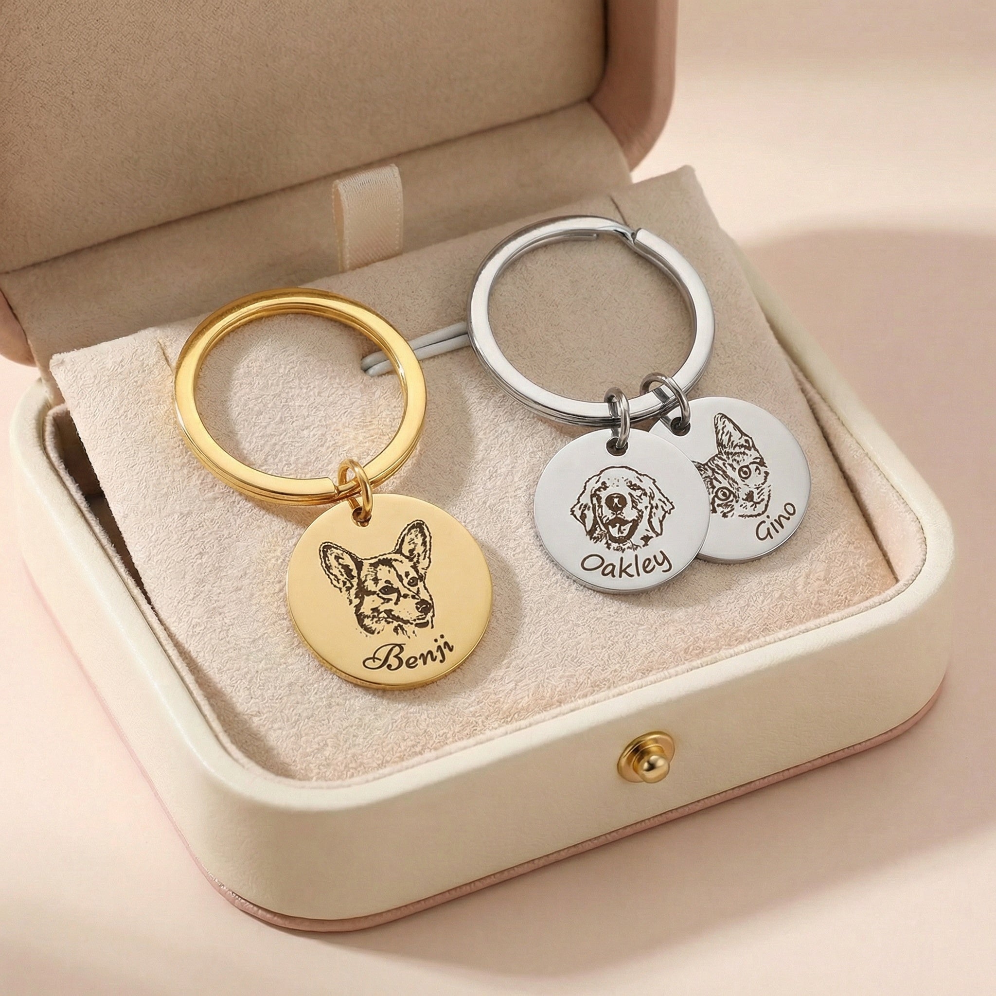 Egyedi fényképes gravírozott kulcstartó saját kisállat fotóval és névvel.