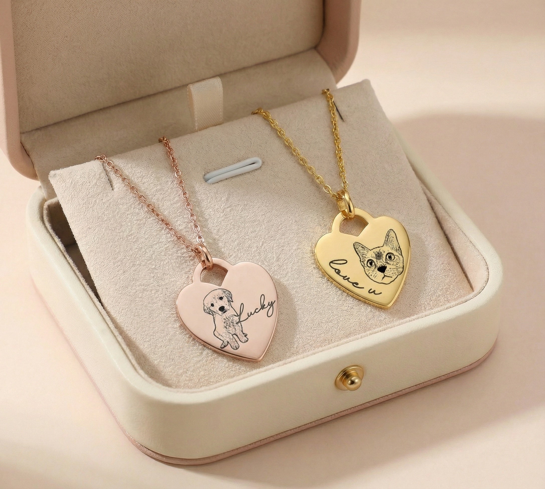Egyedi fényképes gravírozott szív alakú nyaklánc saját kisállat fotóval és névvel.