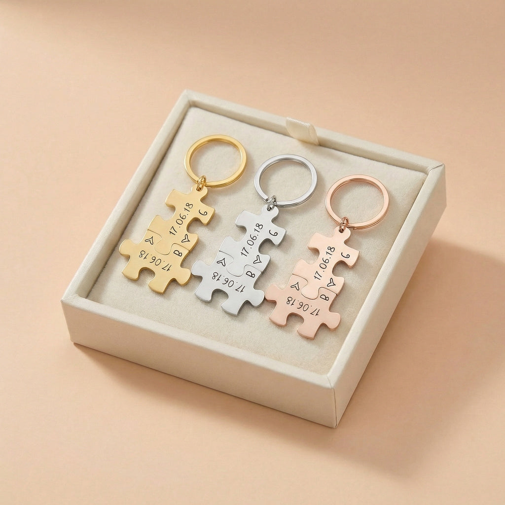 Egyedi Gravírozott Páros Puzzle kulcstartó dátummal,monogramma