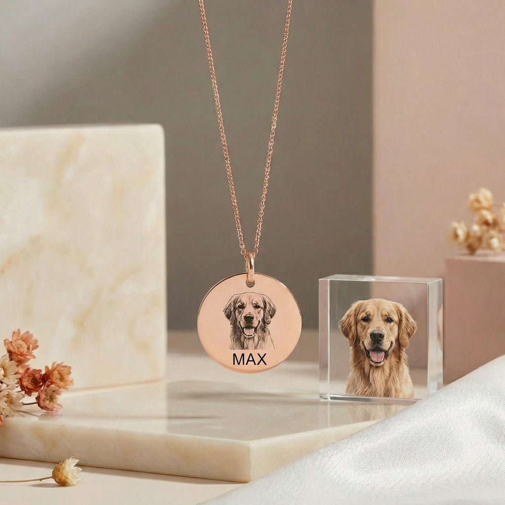 Egyedi fényképes gravírozott nyaklánc saját kisállat fotóval és névvel