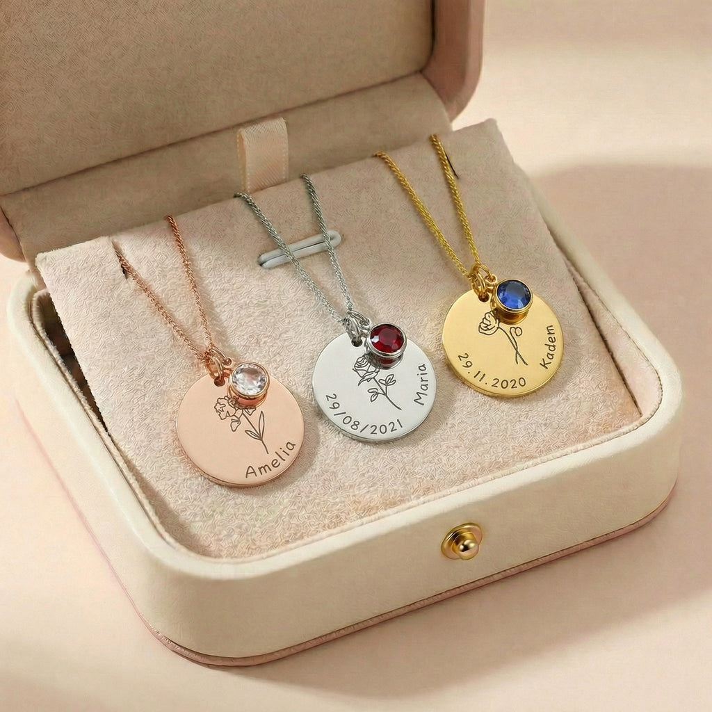 Egyedi gravírozott születési virág nyaklánc saját névvel,dátummal,születési kő