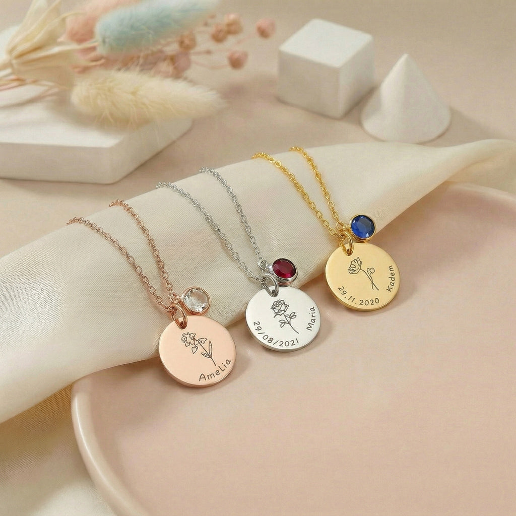 Egyedi gravírozott születési virág nyaklánc saját névvel,dátummal,születési kő