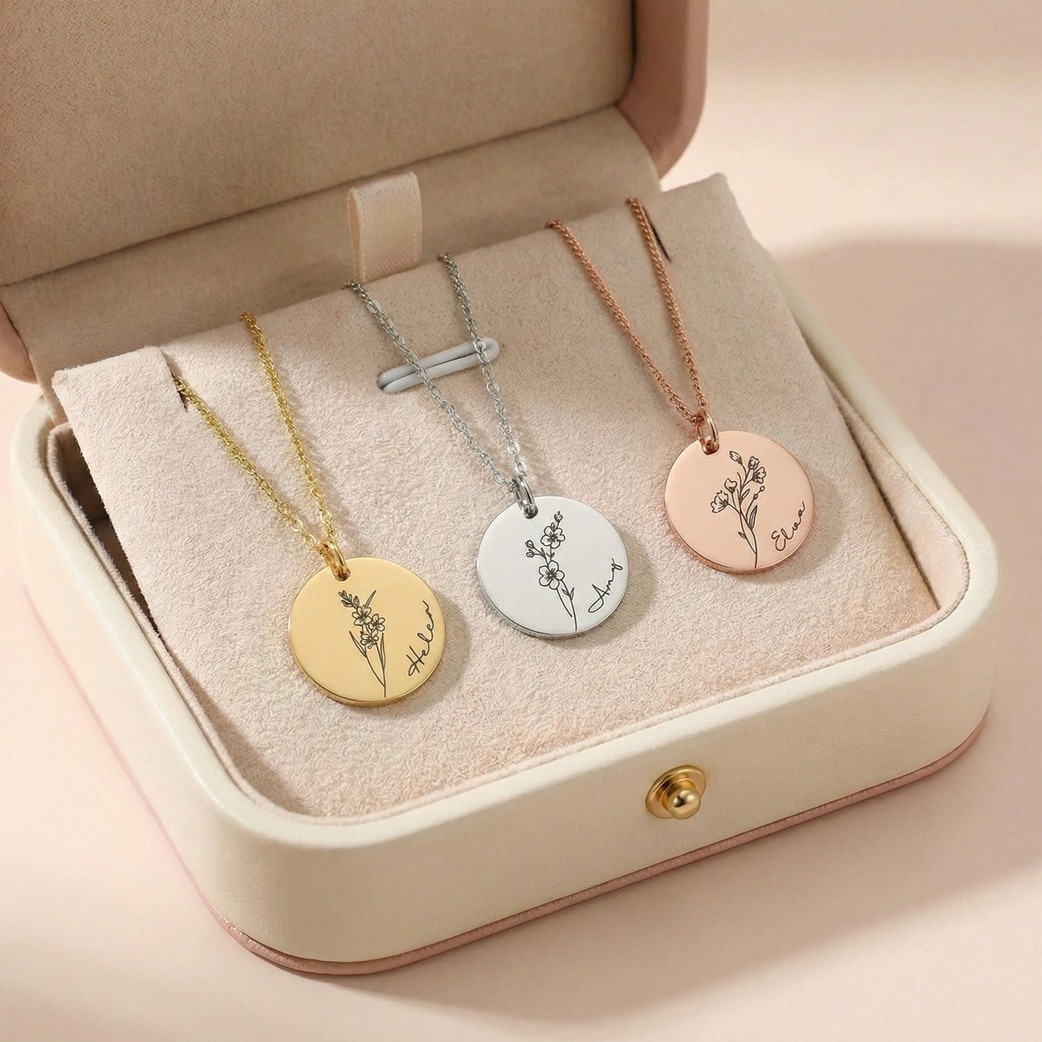 Egyedi gravírozott születési virág nyaklánc saját névvel
