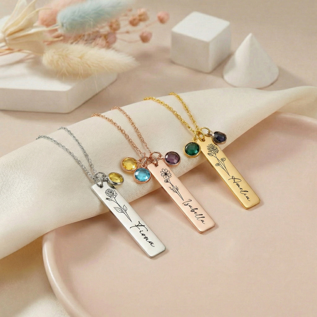 Egyedi gravírozott születési virág nyaklánc saját névvel,születési kővel