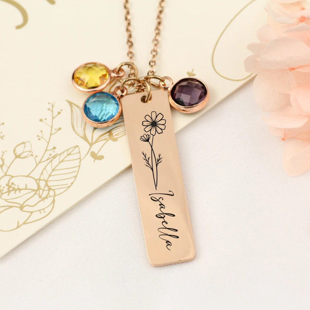Egyedi gravírozott születési virág nyaklánc saját névvel,születési kővel