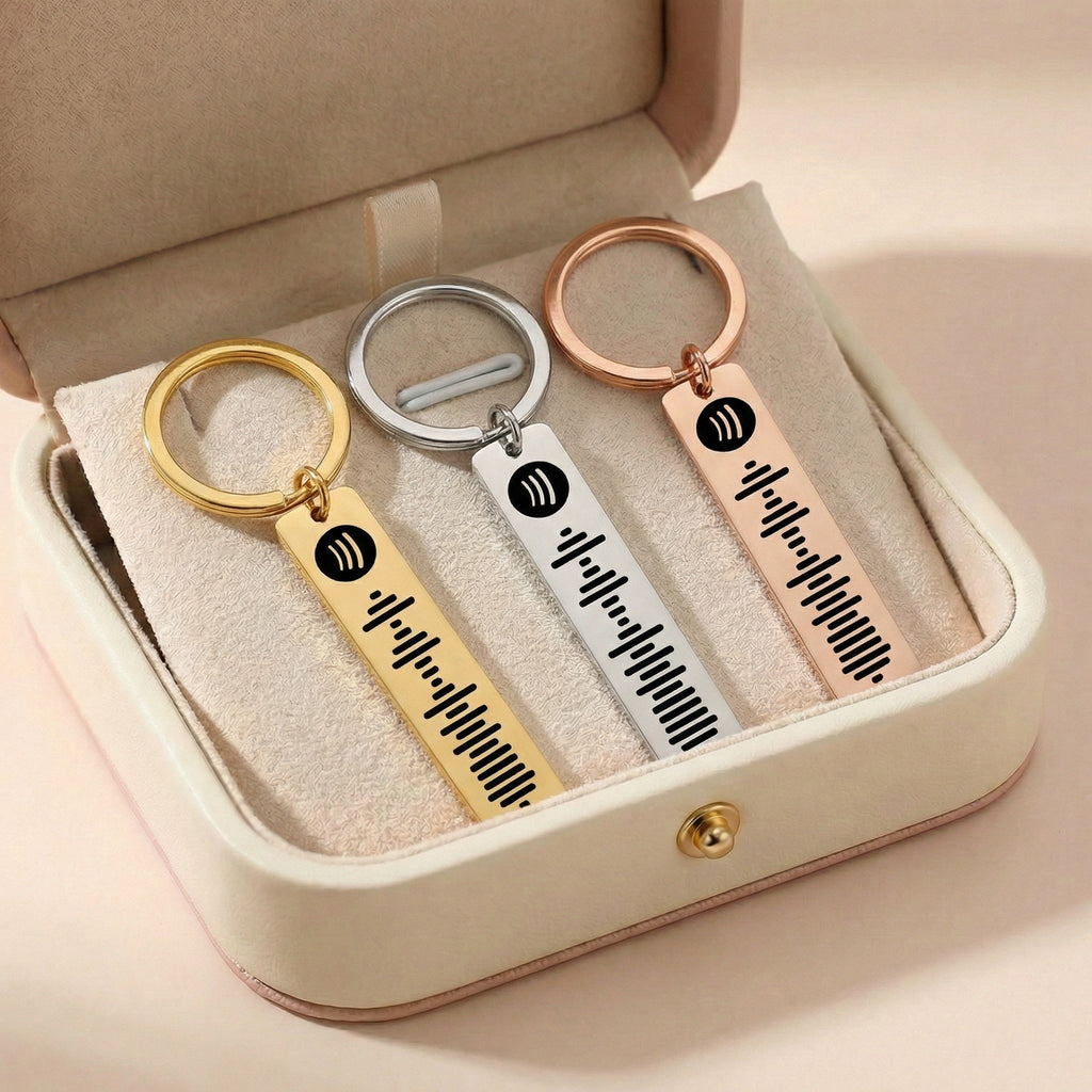 Egyedi gravírozott zenés kulcstartó szkennelhető spotify kóddal