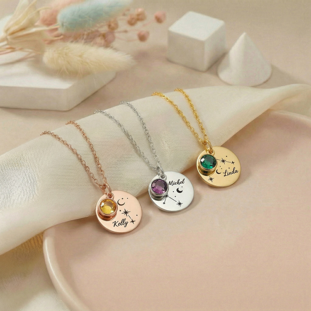 Egyedi gravírozott zodiac csillagjegy nyaklánc születési kővel