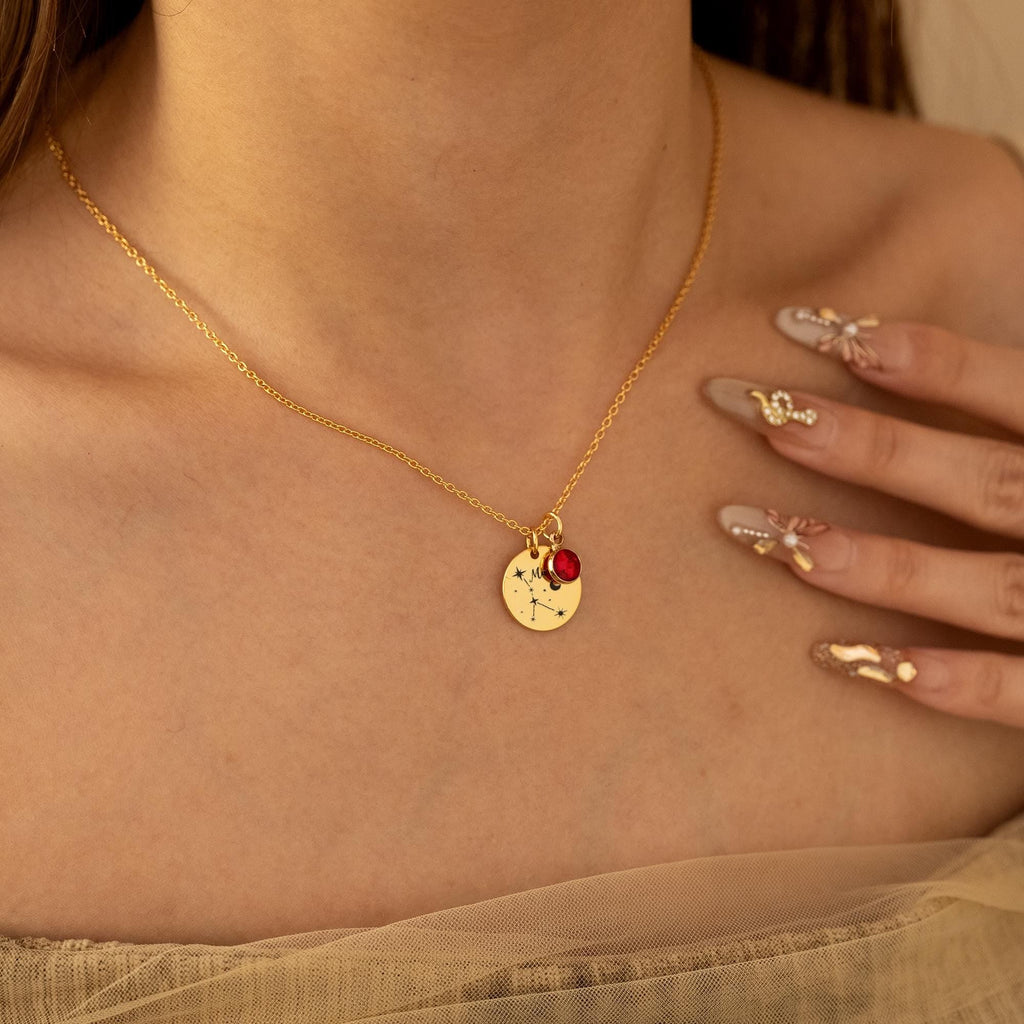 Egyedi gravírozott zodiac csillagjegy nyaklánc születési kővel