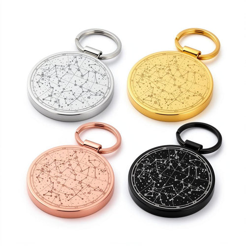 Star map keychains in silver, gold, rose gold, and black finishes