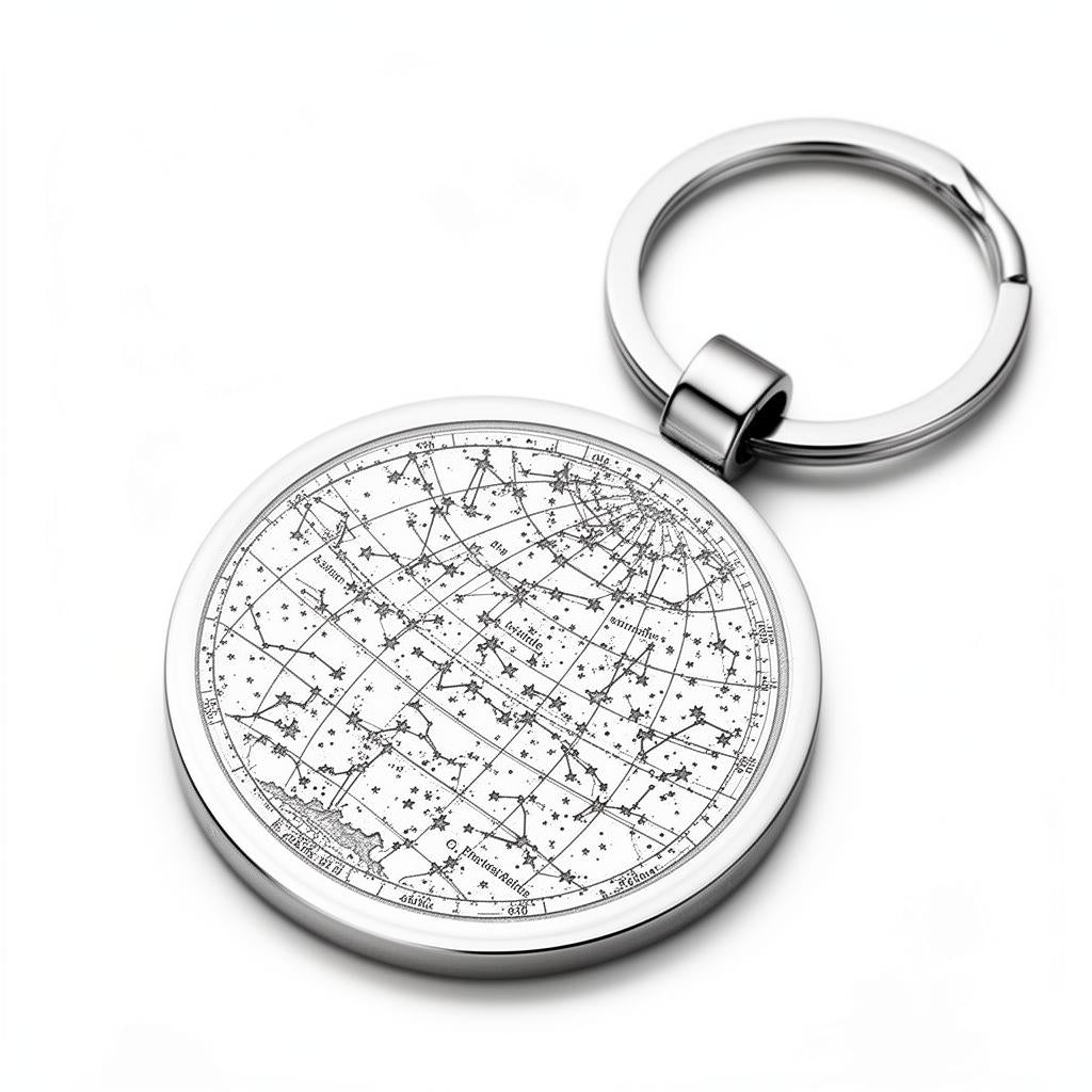 Silver star map keychain with constellation engraving